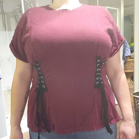 Forever 21 Tops - Dark red t-shirt with black shoe lace detail Forever 21 Tops - Dark red t-shirt with black shoe lace detail